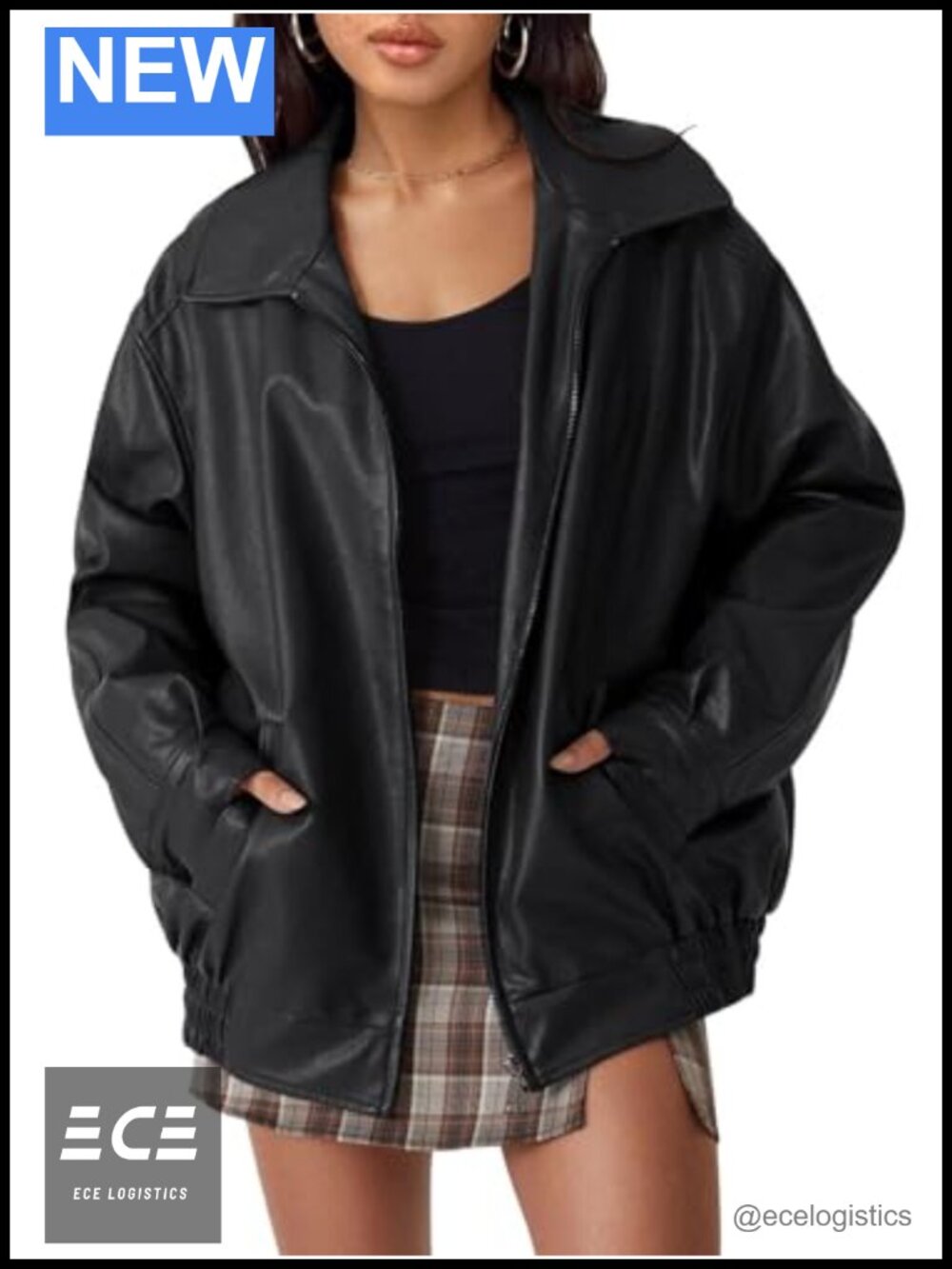 Oversized Faux Leather Jacket Zip Up Boyfriend Moto Coat